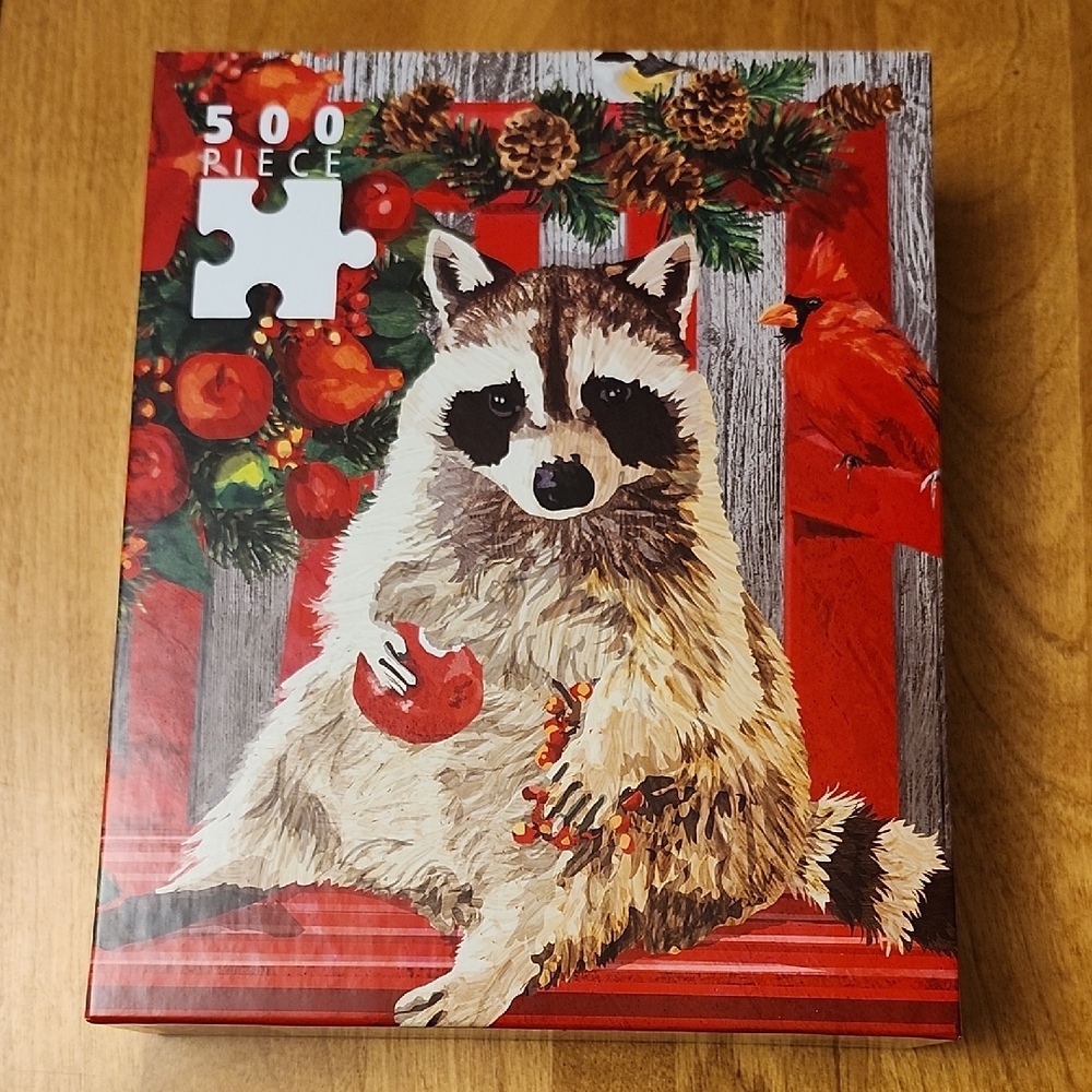 Raccoon Cardinal Christmas Themed 500 Piece Puzzle